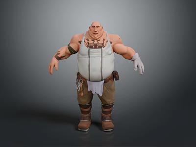 Bald Man With Arm Tattoos Wearing White Undershirt Overalls Utility Belt Brown Boots And Gloves 3d model