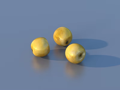 Three Shiny Yellow Apples on Smooth Blue Surface with Clear Reflections 3d model