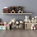 Stuffed Toys Display On Wooden Shelf With Storage Boxes And Various Plush Animals