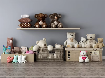 Stuffed Toys Display On Wooden Shelf With Storage Boxes And Various Plush Animals 3d model