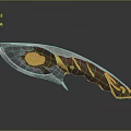 Curved Metallic Blade Knife With Orange And Brown Patterned Handle Design