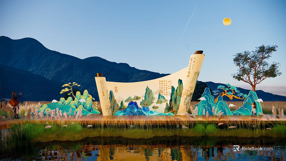 Chinese Style Art Installation With Scroll Shaped Structure Mountain Water Moon Trees And Lake Reflection 3d model 