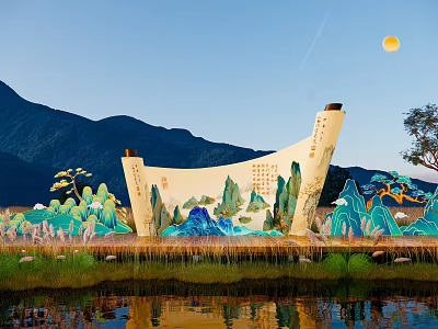 Chinese Style Art Installation With Scroll Shaped Structure Mountain Water Moon Trees And Lake Reflection 3d model