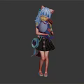 Anime Girl With Cat Ears And Fox Tail Decoration Wearing Blue Dress Holding Red Item