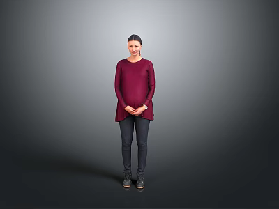 Stylish Woman in Maroon Top Black Pants Standing with Hands on Stomach Against Gray Background 3d model