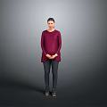 Stylish Woman in Maroon Top Black Pants Standing with Hands on Stomach Against Gray Background