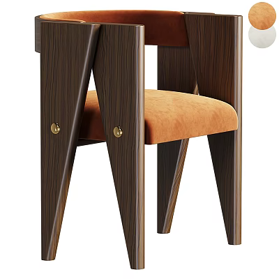 Stylish Dark Brown Wooden Dining Chair With Orange Cushion And Brass Rivets 3d model