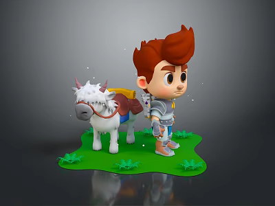 Cartoon Boy With Red Hair And White Horned Creature On Green Grass With Small Plants 3d model