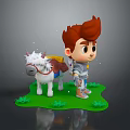 Cartoon Boy With Red Hair And White Horned Creature On Green Grass With Small Plants