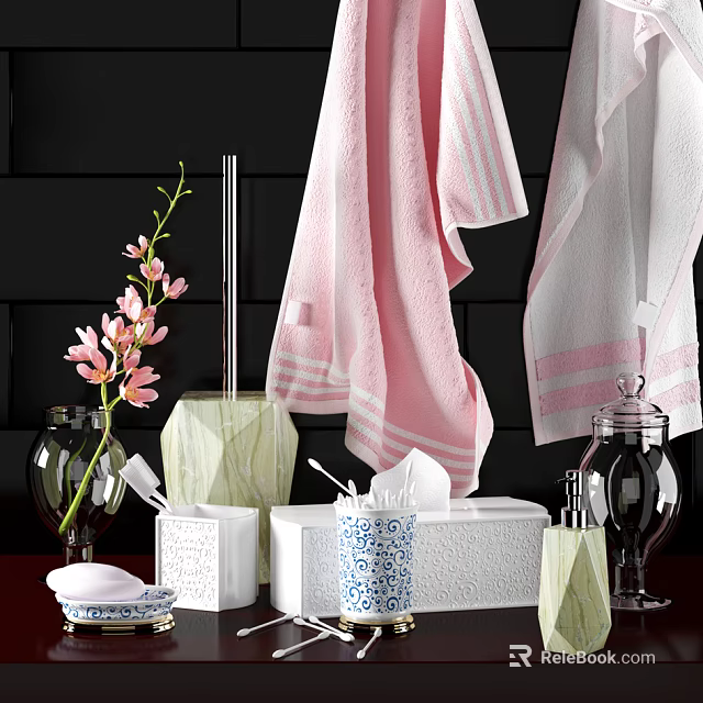 Elegant Bathroom Accessories With Pink White Towels Flowers And Tissue Box 3d model 