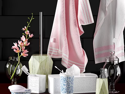 Elegant Bathroom Accessories With Pink White Towels Flowers And Tissue Box 3d model