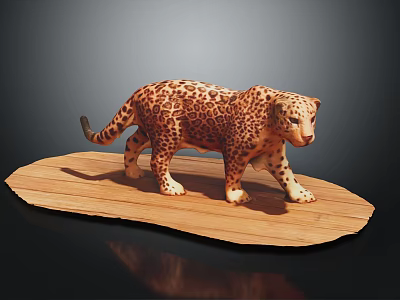 Detailed Spotted Leopard Sculpture Walking on Oval Wooden Display Base 3d model
