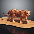 Detailed Spotted Leopard Sculpture Walking on Oval Wooden Display Base