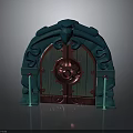 Mythical Style Arched Door With Green Ornate Carvings Red Panels And Circular Center