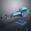 Futuristic 3D Model Mechanical Automated Weapon Turret With Blue Glowing Elements And Stable Base 3d model