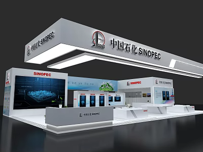 Modern SINOPEC Exhibition Booth with Brand Logo Display Areas and Reception Desk 3d model