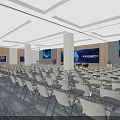 Modern Spacious Conference Room With Arranged Chairs Large Screen Decorative Paintings And Recessed Lighting