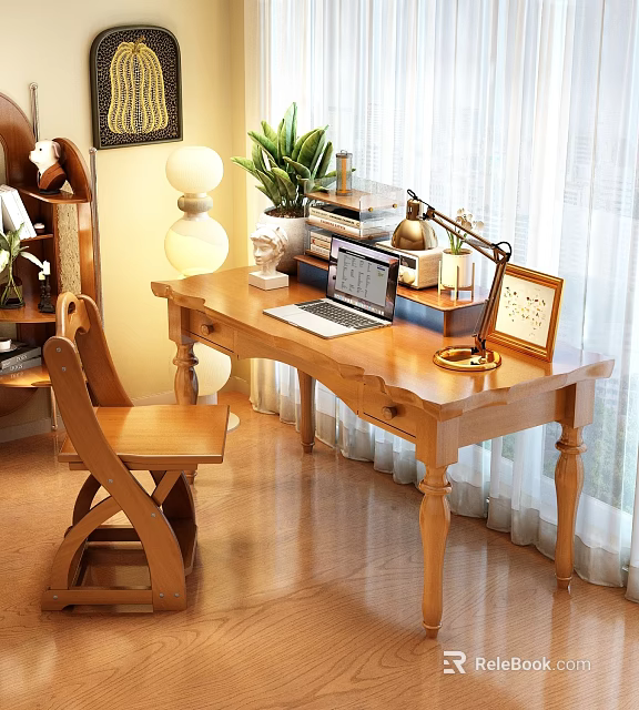 Wooden Desk with Laptop Table Lamp Photo Frame Potted Plant and Chair by Window Curtains 3d model 