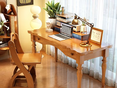 Wooden Desk with Laptop Table Lamp Photo Frame Potted Plant and Chair by Window Curtains 3d model