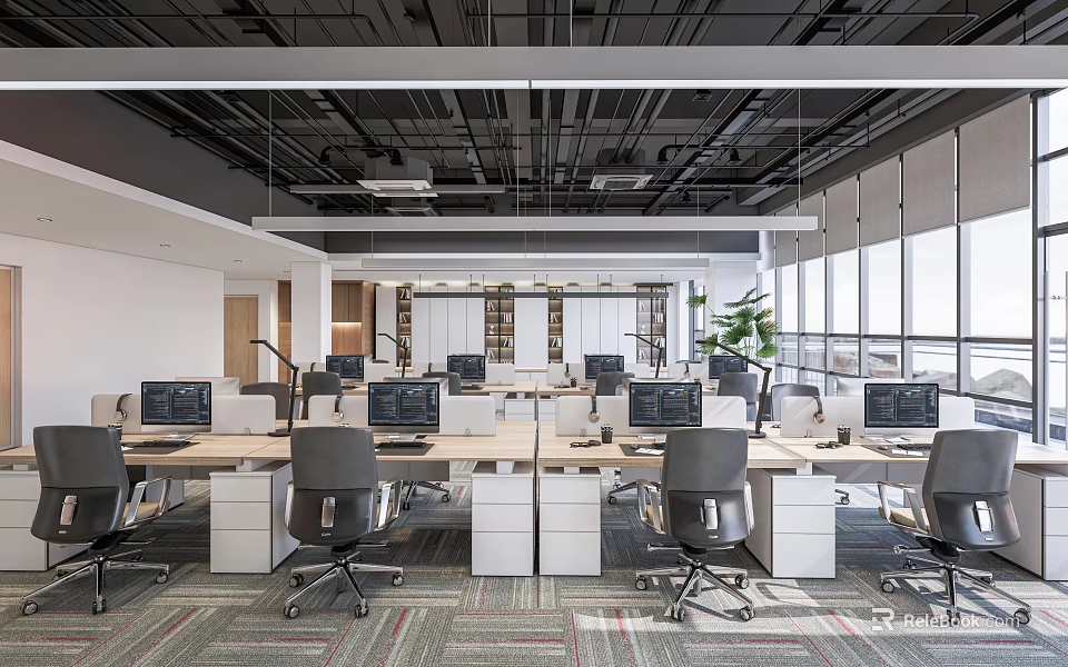 Modern Public Office Space With Multiple Desks Computers Office Chairs Large Windows And Green Plants 3d model 