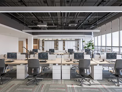 Modern Public Office Space With Multiple Desks Computers Office Chairs Large Windows And Green Plants 3d model