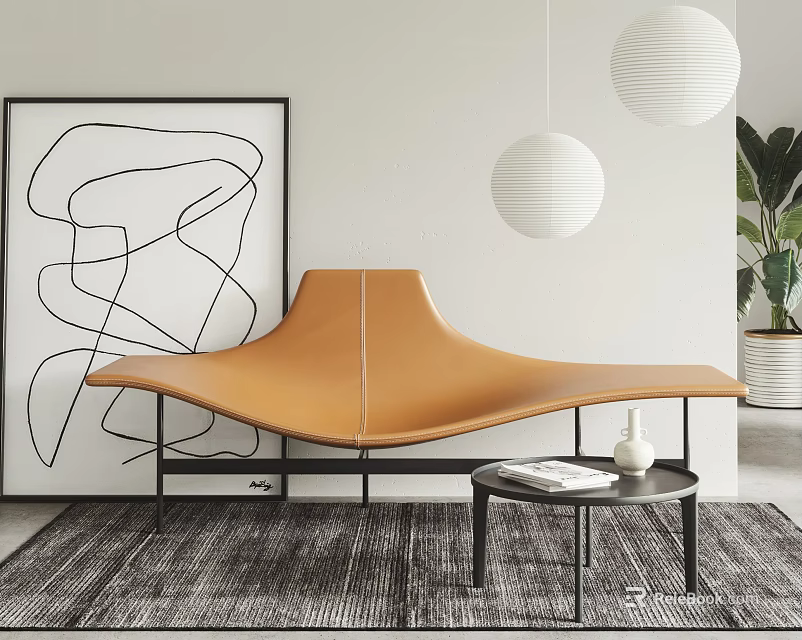 Brown Leather Chaise Lounge In Modern Living Space With Abstract Art And Pendant Lights 3d model 