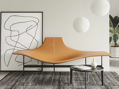 Brown Leather Chaise Lounge In Modern Living Space With Abstract Art And Pendant Lights 3d model