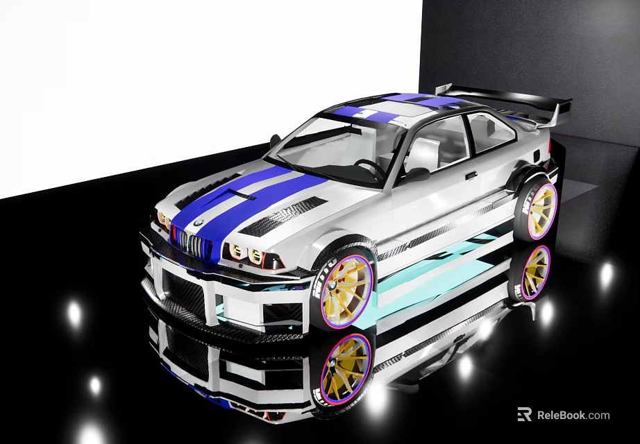 Silver Sports Car With Blue Stripes Rear Spoiler And Gold Alloy Wheels On Reflective Surface 3d model 