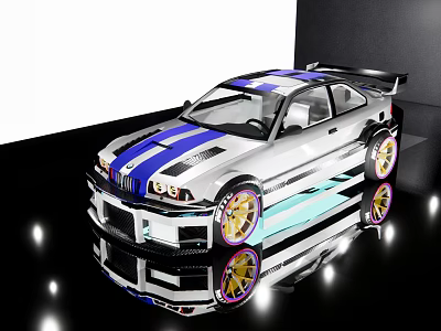 Silver Sports Car With Blue Stripes Rear Spoiler And Gold Alloy Wheels On Reflective Surface 3d model