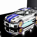 Silver Sports Car With Blue Stripes Rear Spoiler And Gold Alloy Wheels On Reflective Surface