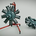 Two Radial Engines Mounted On Red Mobile Stand With Metal Structure