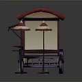Red Roof Food Cart Setup With Small Tables And Striped Umbrellas