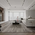 Modern Living Dining Room Interior With Sofa Coffee Table Area Rug And Large Windows