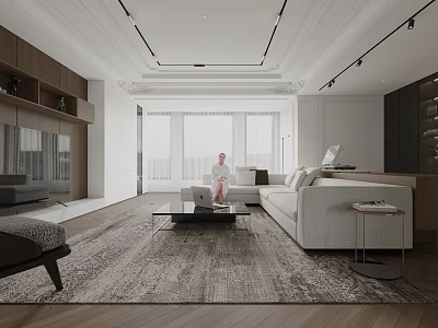 Modern Living Dining Room Interior With Sofa Coffee Table Area Rug And Large Windows 3d model