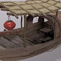 Traditional Wooden Boat With Bamboo Canopy Red Lanterns And Wooden Deck