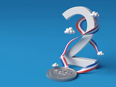 Silver Trophy Medal With Number 2 Red White Blue Ribbon White Clouds On Blue Background 3d model