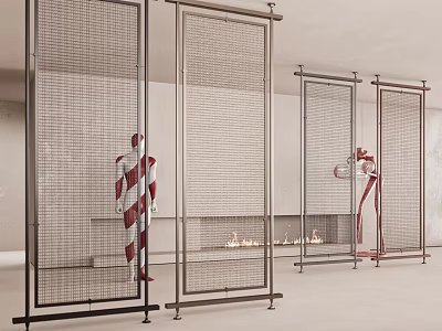 Metal Frame Mesh Dividers In Interior Space With Red And White Decor And Fireplace Flames 3d model