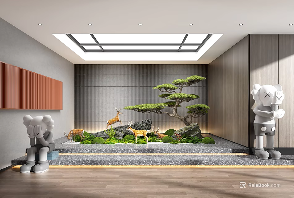 Indoor Landscape Design with Pine Tree Deer Statues Rockery and Decorative Sculptures 3d model 