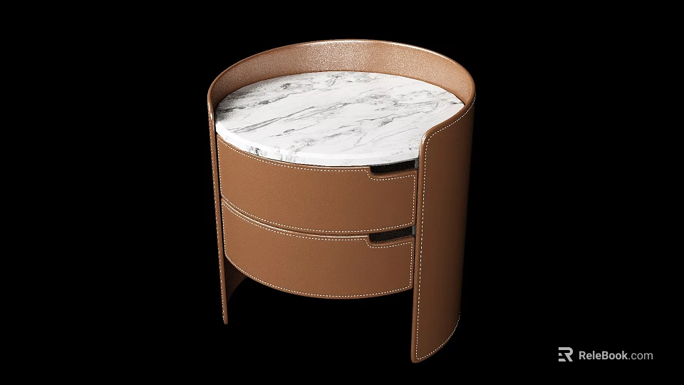 Modern Circular Bedside Table With Marble Top And Leather Drawers 3d model 
