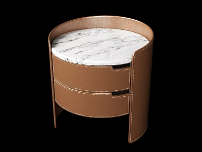 Modern Circular Bedside Table With Marble Top And Leather Drawers 3d model