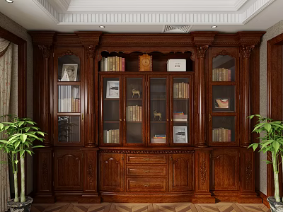 Elegant Traditional Wooden Bookcase With Glass Doors Books Decorative Items And Indoor Plants 3d model