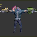 Warrior Character With Green Tunic Purple Pants Small Creature On Shoulder And Spiked Arm Weapon