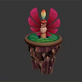 Fantasy Game Movie Character With Pink Wings And Flame Standing On Green Rock Platform Base