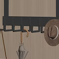 Wall Mounted Hook Rack with Brown Hat and Umbrella Hanging on Wooden Wall