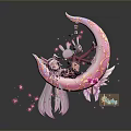Woman Sitting On Pink Crescent Moon With Bunny Ears Wings And Floating Pink Petals