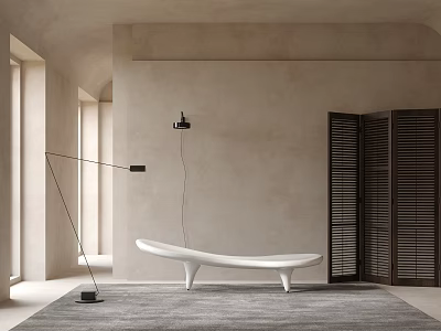 Modern Minimalist White Bench In Interior Space With Floor Lamp And Gray Rug 3d model