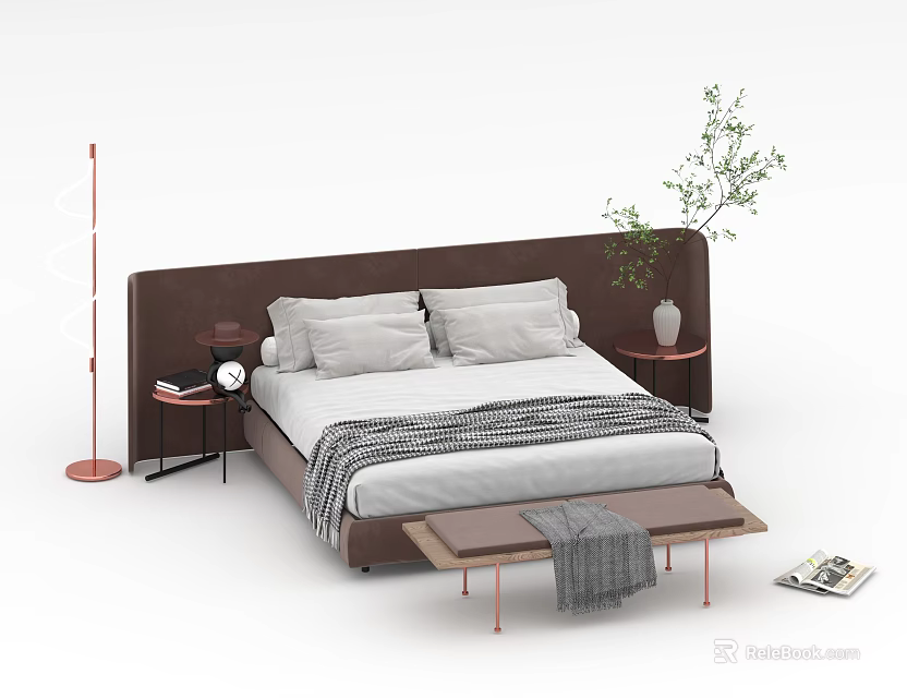 Modern Double Bed with Brown Headboard Two Pillows Gray Blanket and Green Plant 3d model 