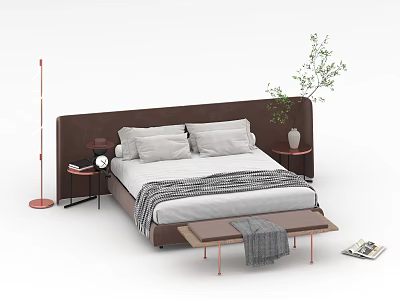 Modern Double Bed with Brown Headboard Two Pillows Gray Blanket and Green Plant 3d model