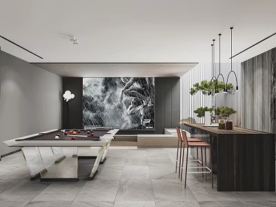 Modern Entertainment Room With Billiard Table Bar Counter And Hanging Lights 3d model