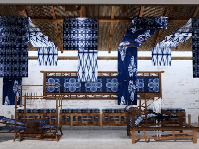 Traditional Cultural Center Interior Featuring Blue White Patterned Fabrics Wooden Looms And Hanging Decorations 3d model